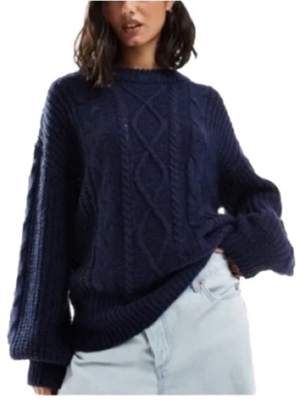 Brave Soul London Women Oversized Cozy Cable Knit Balloon Sleeve Sweater BlackXL